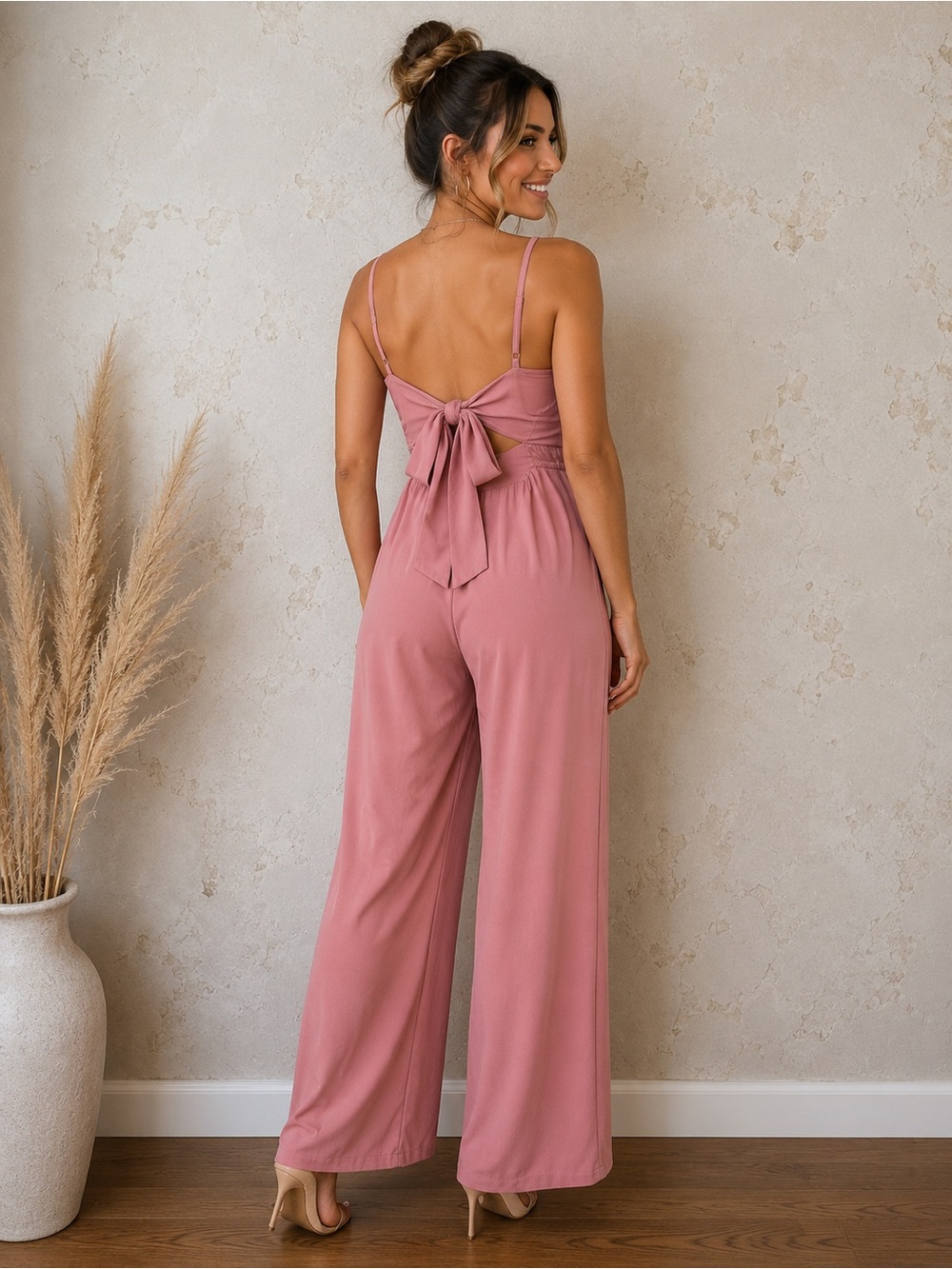Boutique Coral Wide Leg Jumpsuit Open Back Pockets Flowy Dressy Bridal Shower M - Picture 3 of 9